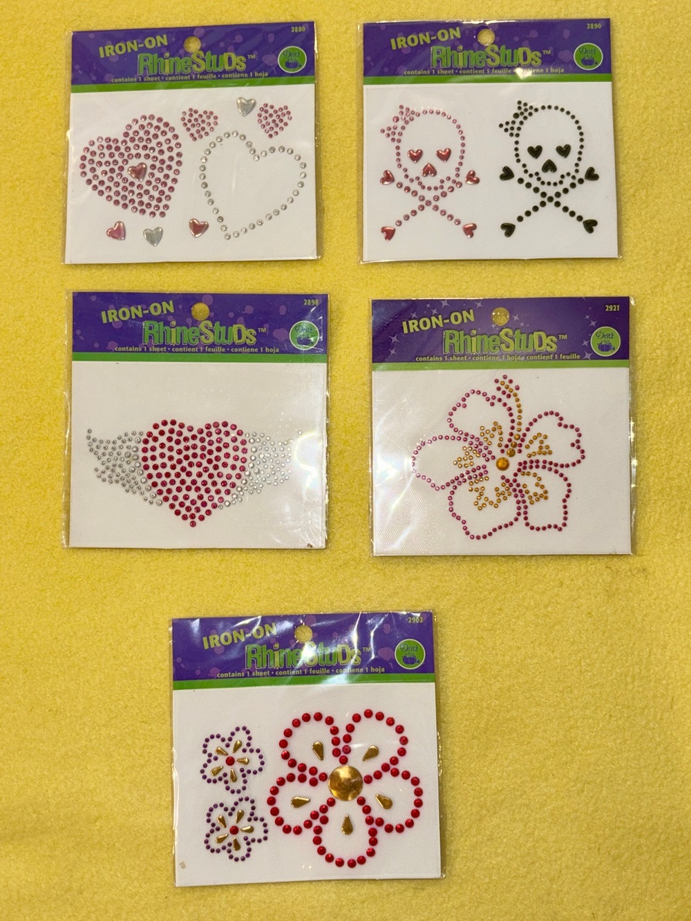 5 - Iron-On Rhinestuds Assorted Heart & Floral Gems - Red, Pink, Gold, Silver